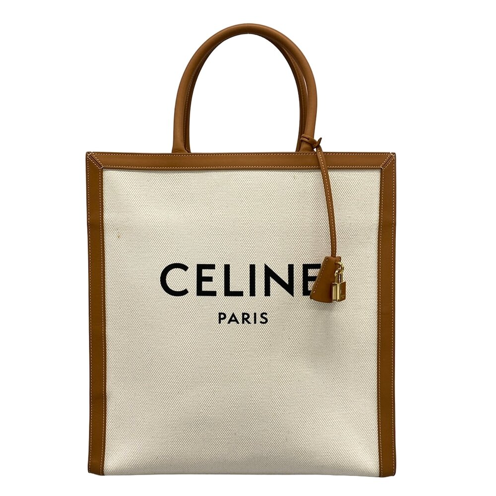 Celine Vertical CELINE Cabas Tote Bag White Black Brown Canvas Leather